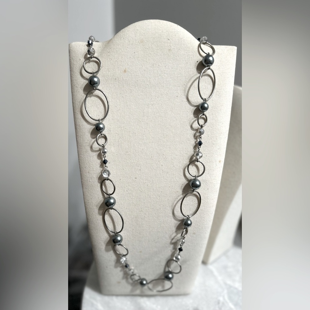 Lia Sophia “Avalon” extra long necklace/ grayish blue round and clear cut beads